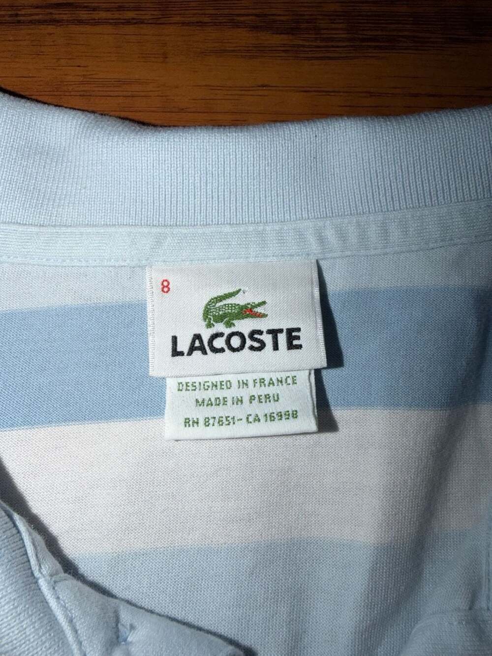 Lacoste Men's Striped Cotton Short Sleeve Polo Shirt Blue and White Size 8 - Picture 6 of 6